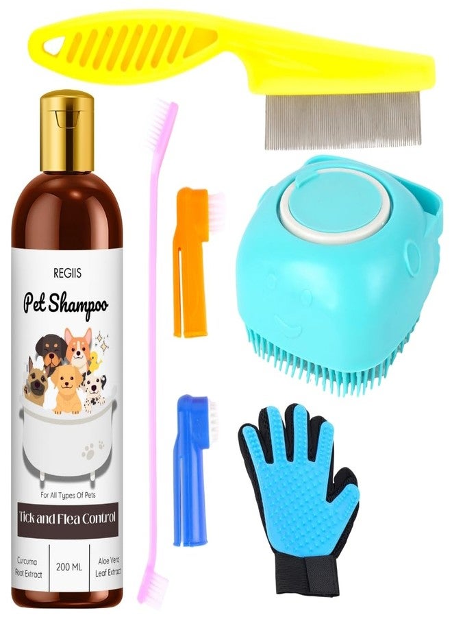 مجموعة ريجيس للعناية بالحيوانات الأليفة مع شامبو لمكافحة القراد والبراغيث، وفرشاة تدليك زرقاء، وقفاز لإزالة الشعر الزائد، ومشط معدني، وأدوات إزالة شعر الحيوانات الأليفة (عبوة من 5 قطع) - Image 1